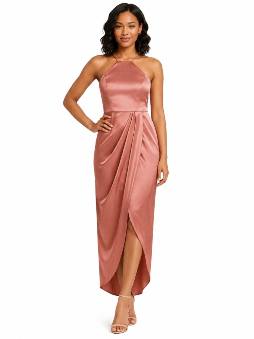 NWT After Six Desert Rose Satin Halter Tulip Dress